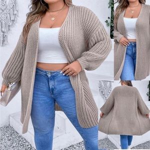 New Open Front Duster Cardigan Oversized Pointelle Drop Shoulder Khaki Knit Cozy